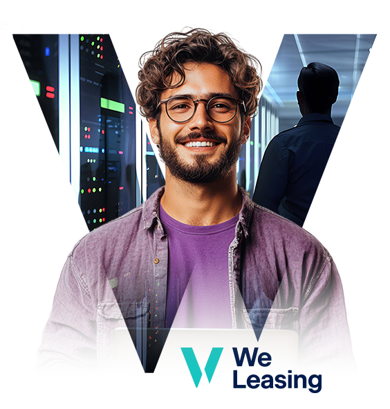 Profesional de TI con fondo de servidores y branding de We Leasing