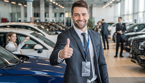 Ejecutivo automotriz mostrando aprobación para financiamiento de autos con We Leasing